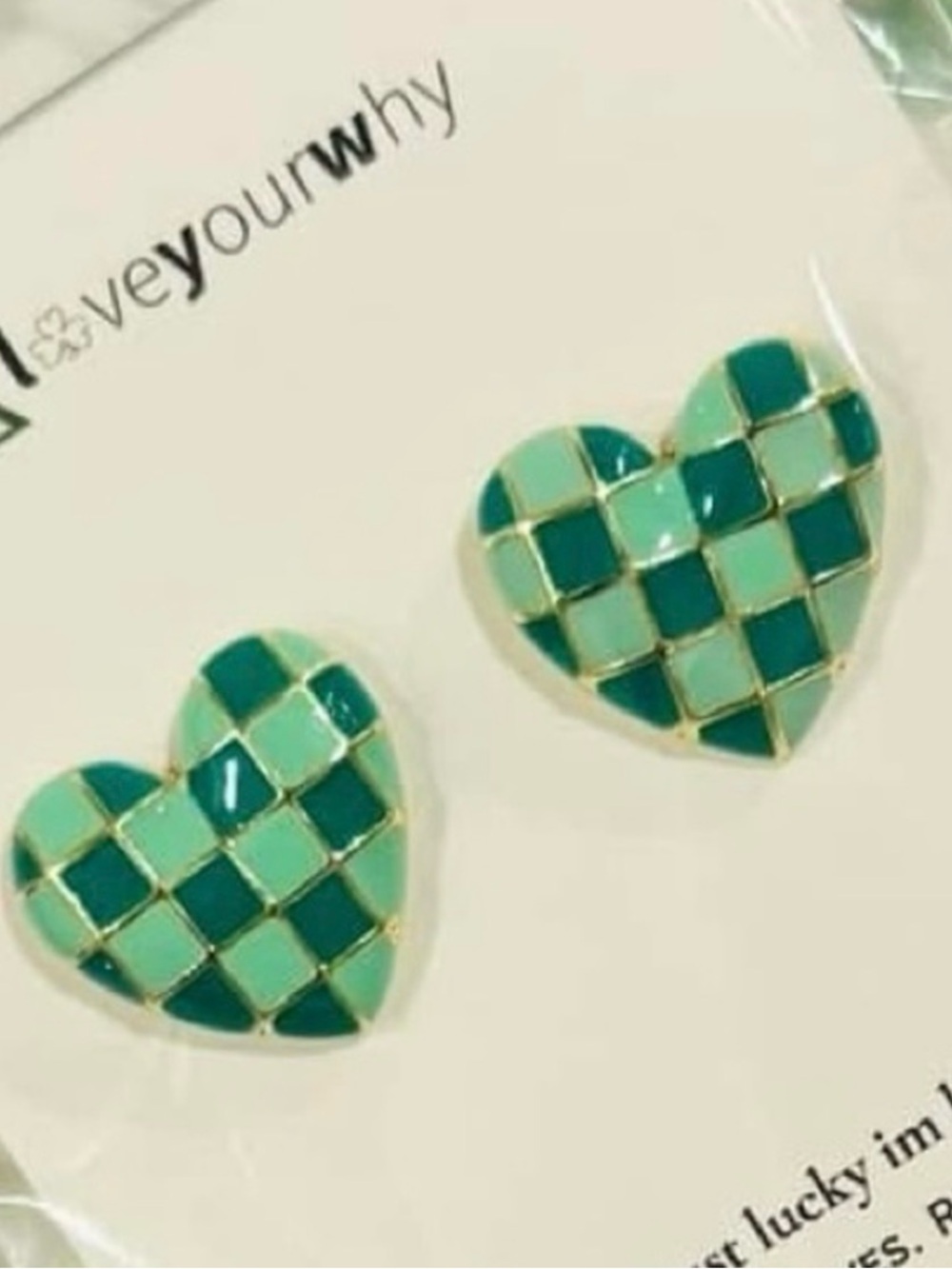 Green Plaid Checkered Heart Stud Statement Earrings New